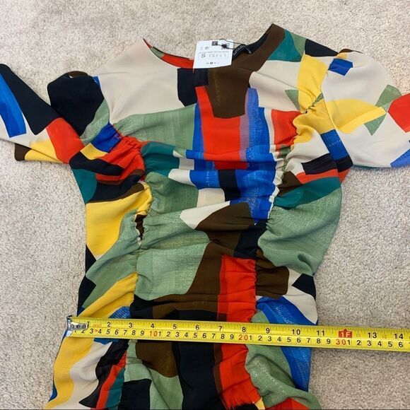 Zara multicoloured printed dress with draping long sleeve ruched Sz S NWT - Picture 9 of 10
